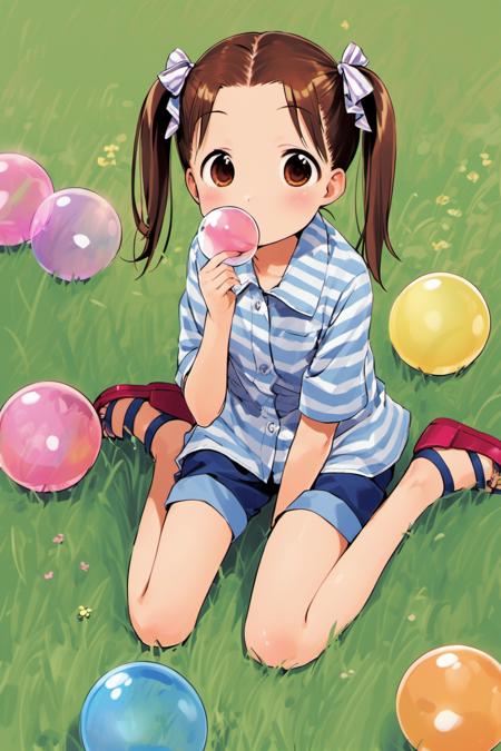 25779-1685132774-Miu Matsuoka,1girl,solo,bubble blowing,twintails,sandals,brown hair,bubble,shorts,sitting,striped,blue shorts,ribbon,wariza,gras.png